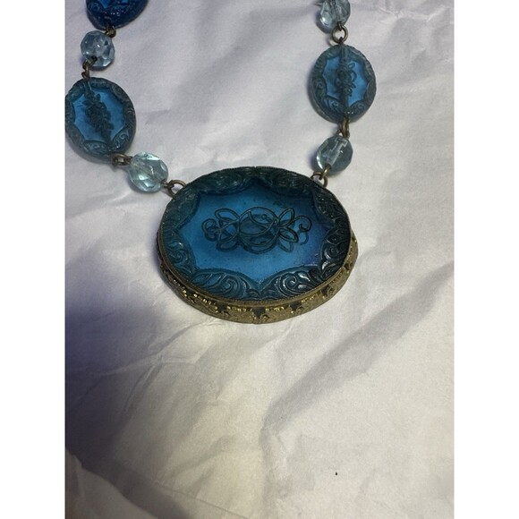 Vintage Blue Etched Glass Pendant Necklace - Picture 1 of 9